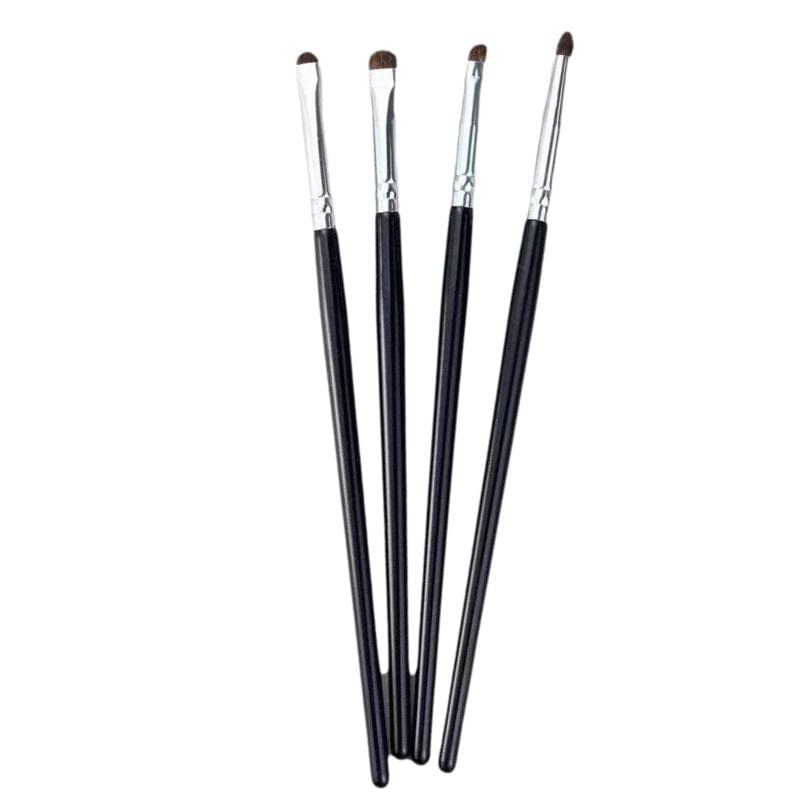Bundle of 4 eye makeup brushes with black handles, silver ferrules, and brown tapered tips