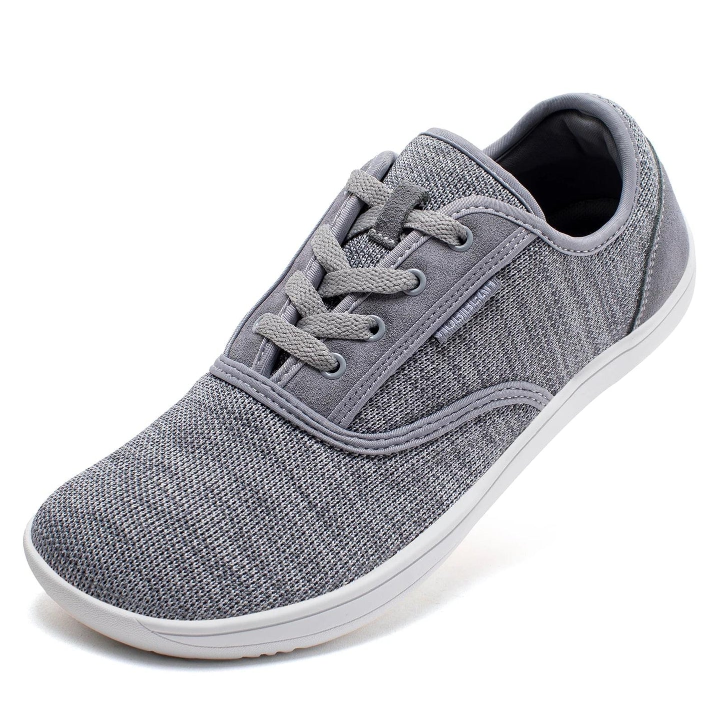 Minimalist barefoot shoes, gray speckled mesh, lace-up, wide toe box, white outsole