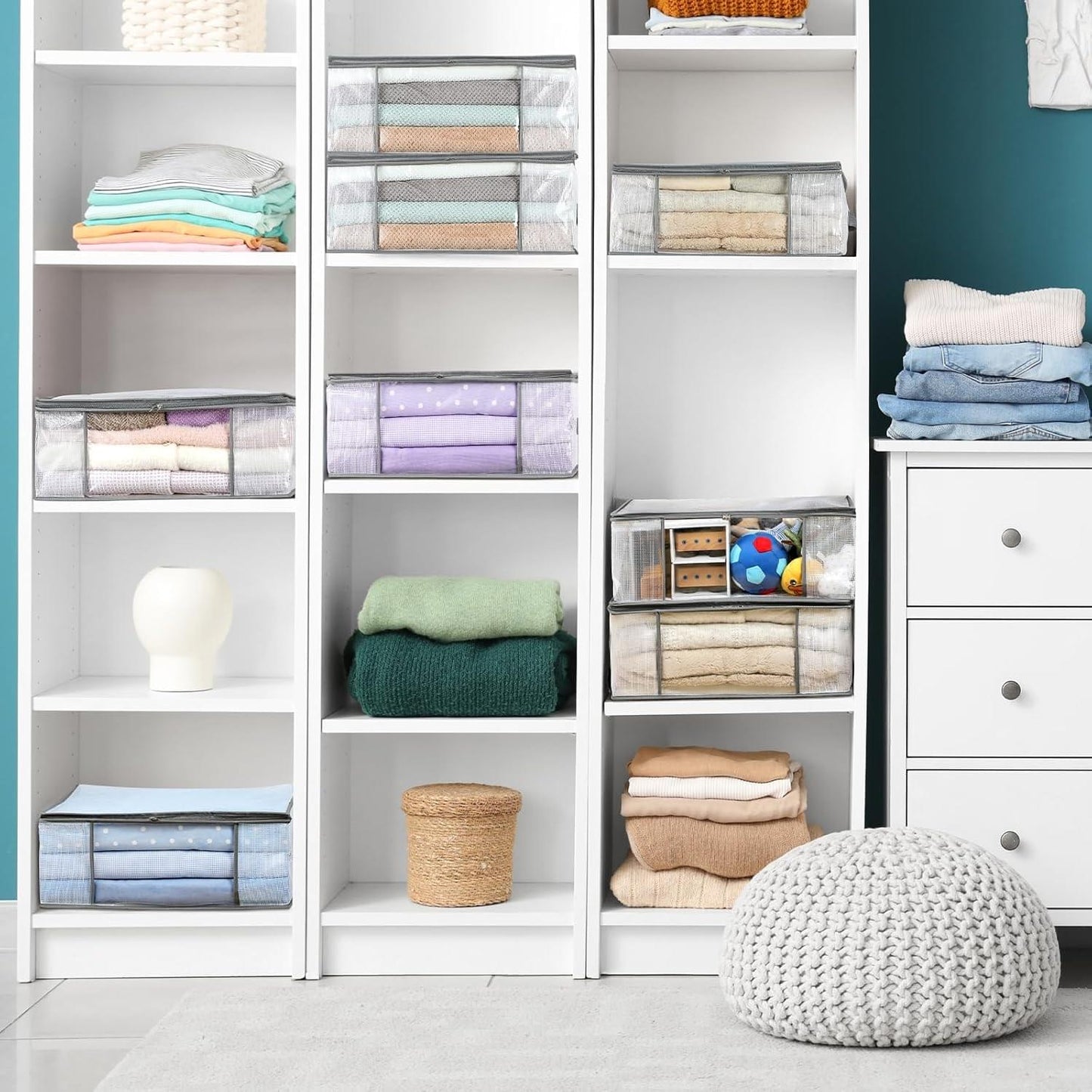 Clear foldable storage bags for folded clothes on shelving unit