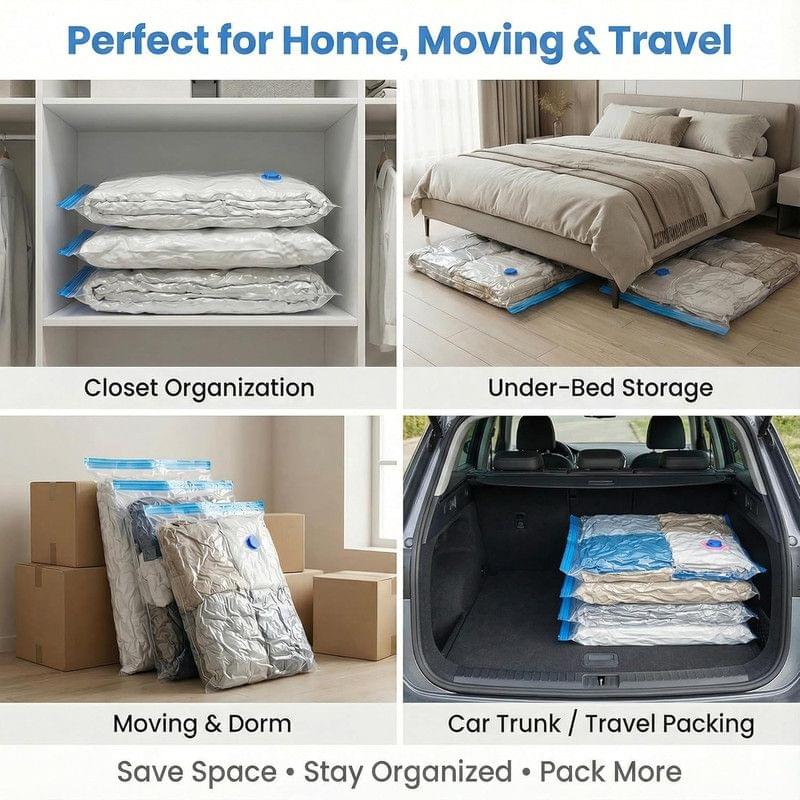 Vacuum storage bags in use, clear pouches with blue valves for home storage