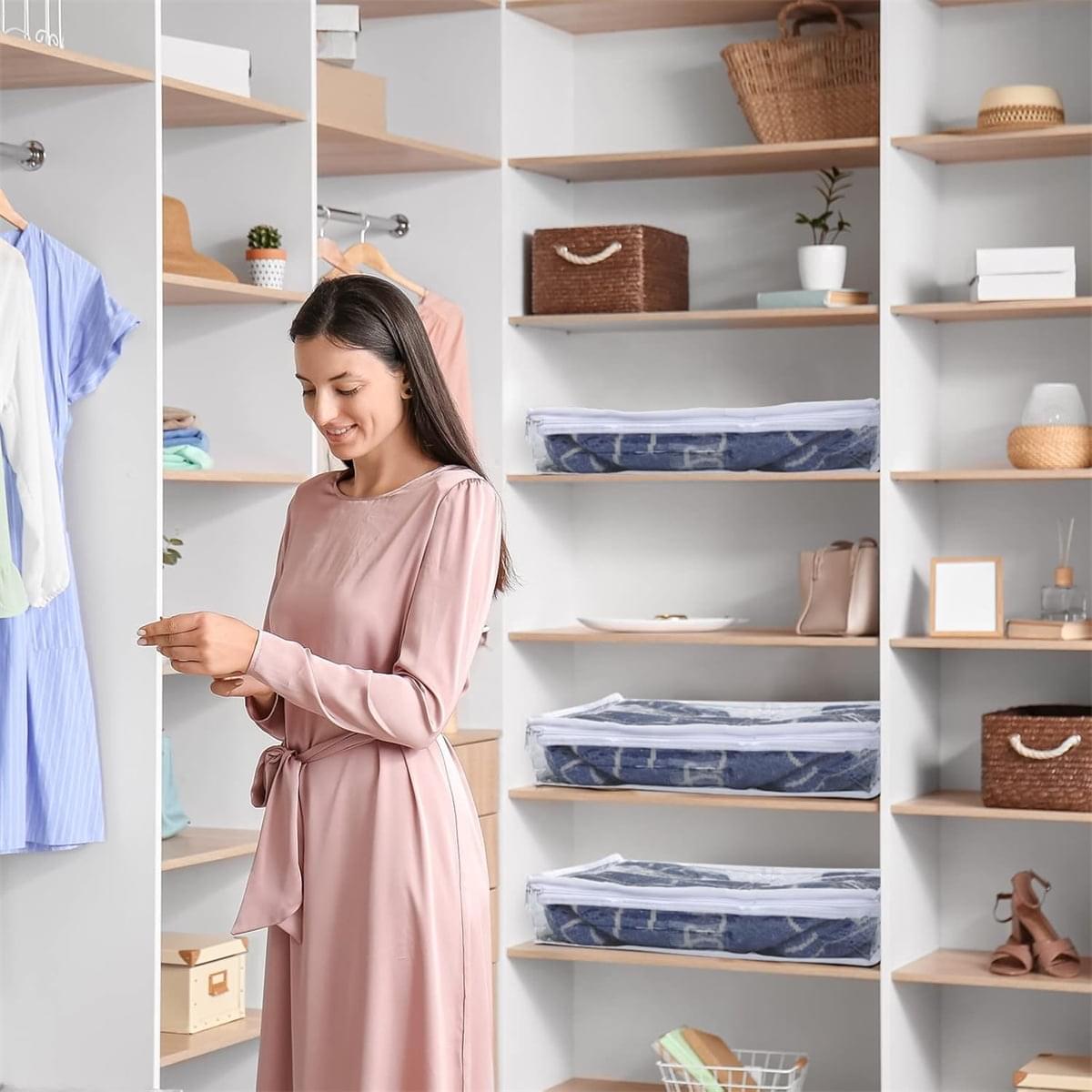 Clear zippered storage bags stored on open shelves with transparent fronts and zippers