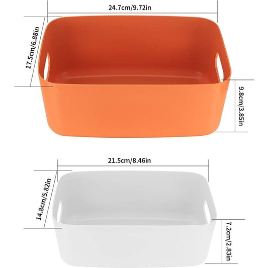 Orange and white plastic storage baskets with side handles, rectangular shape