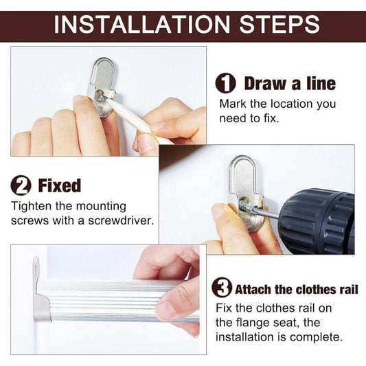 Oval wardrobe rail flange bracket with mounting screws, shown during installation