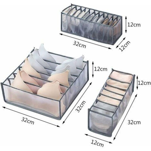 Fabric drawer organizer boxes with mesh sides and dividers, gray storage set