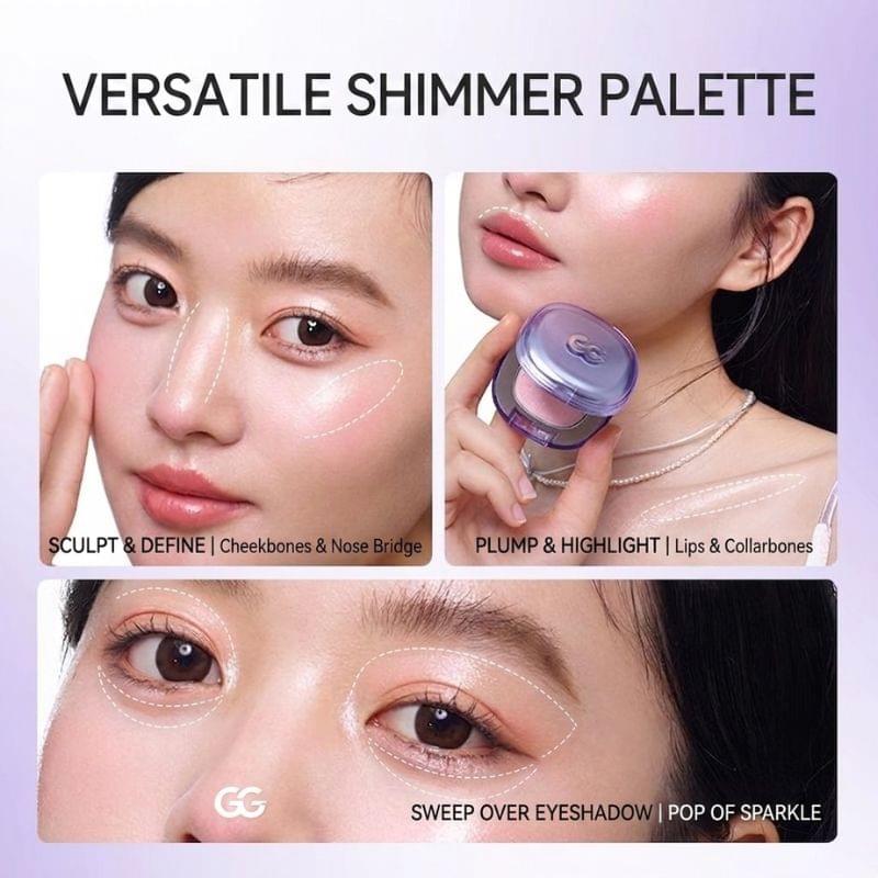 Shimmer highlighter powder compact with GG logo pan in purple translucent case