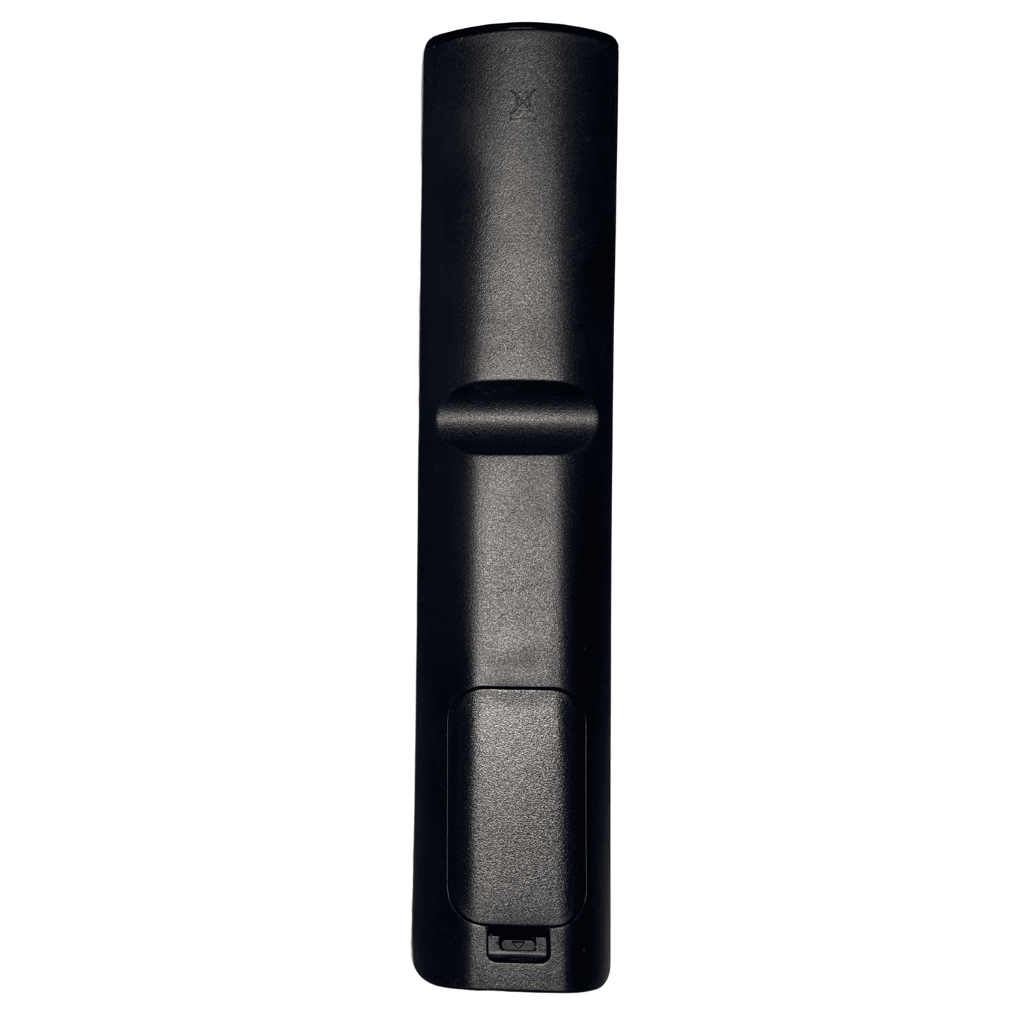 Universal remote control, black, side view with grip and power button