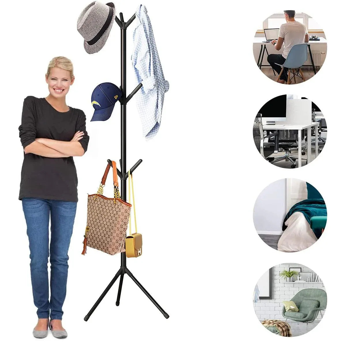 6Hooks Coat Stand Rack Clothes Hanger Hat Tree Jacket Umbrella Storage Organizer - Black