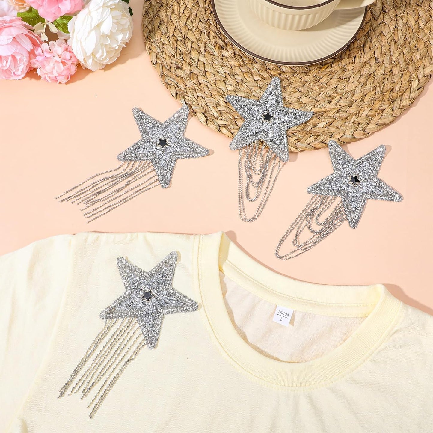 6PCS Rhinestone Star Iron on Patches, Shiny Silver Rhinestone Tassel Star with Chains Glitter Sequin Patches for Trucker Hats Jeans Bags Backpacks Jackets Denim DIY Appliques Art Crafts