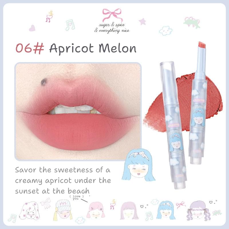 Apricot Melon lip mud shade 06 with two applicator tubes and peach-pink swatch.