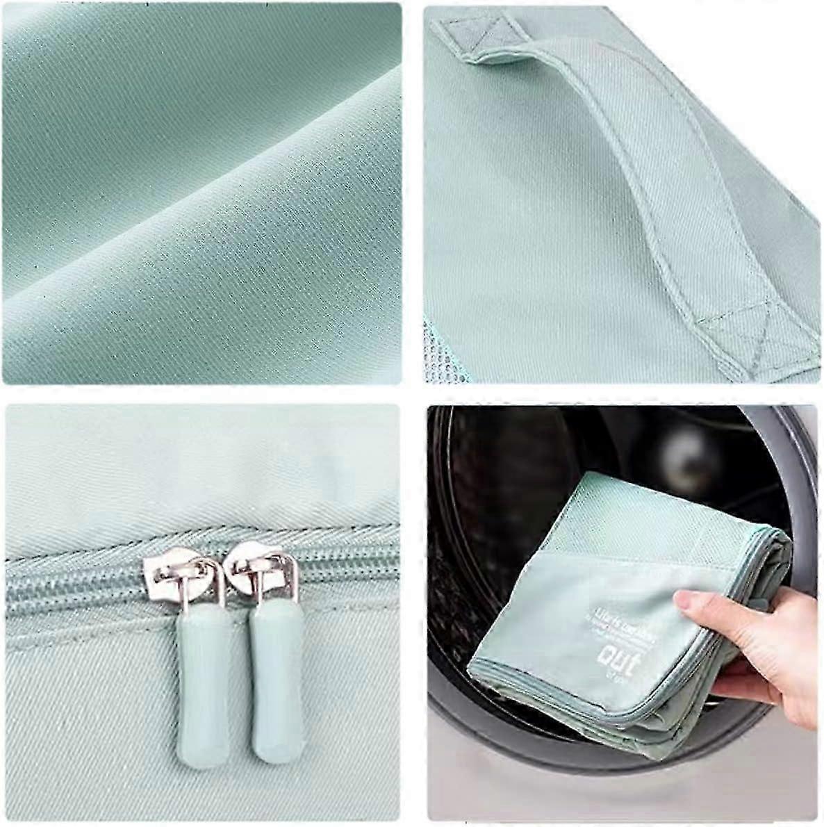 Light blue fabric packing cube with zipper and stitched edge details