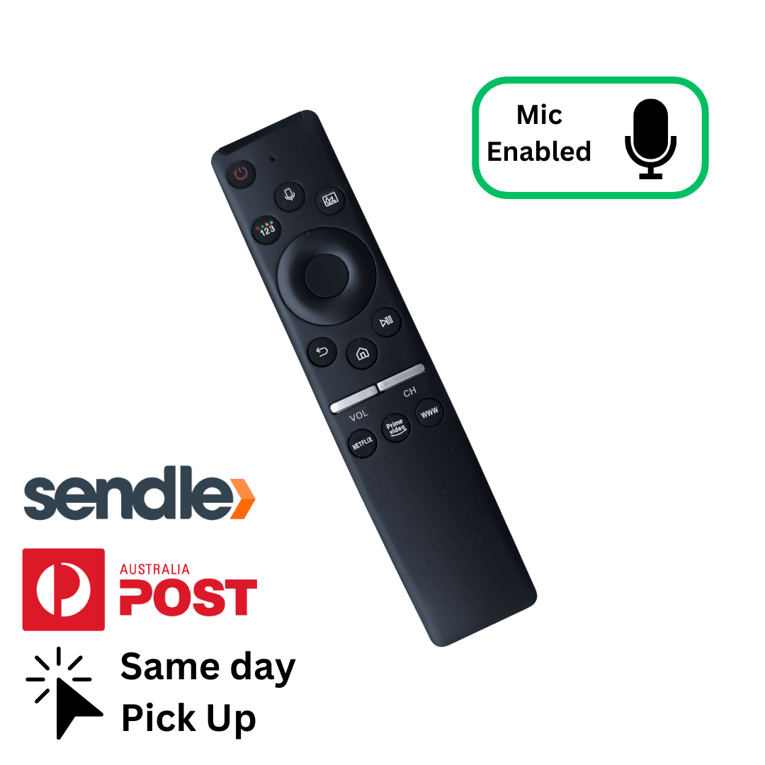 Black TV remote control with mic button, voice enabled