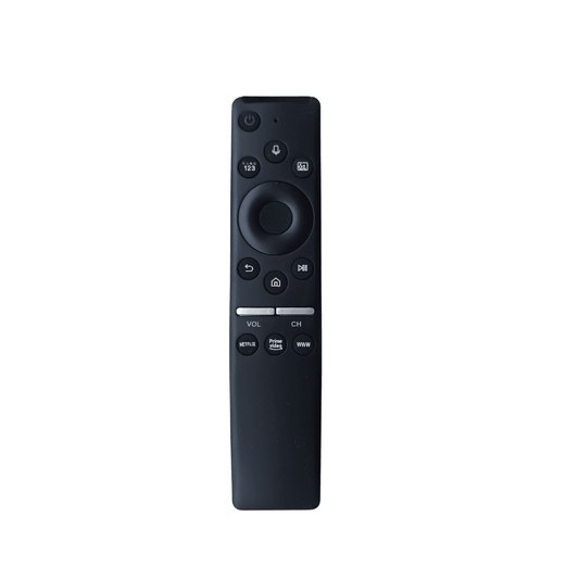 Black TV remote with circular navigation pad and top red power indicator
