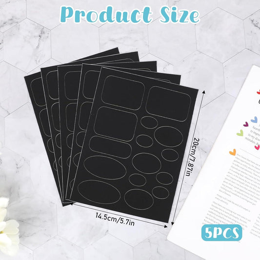 Black self-adhesive fabric repair patches, multiple pre-cut shapes on backing sheets