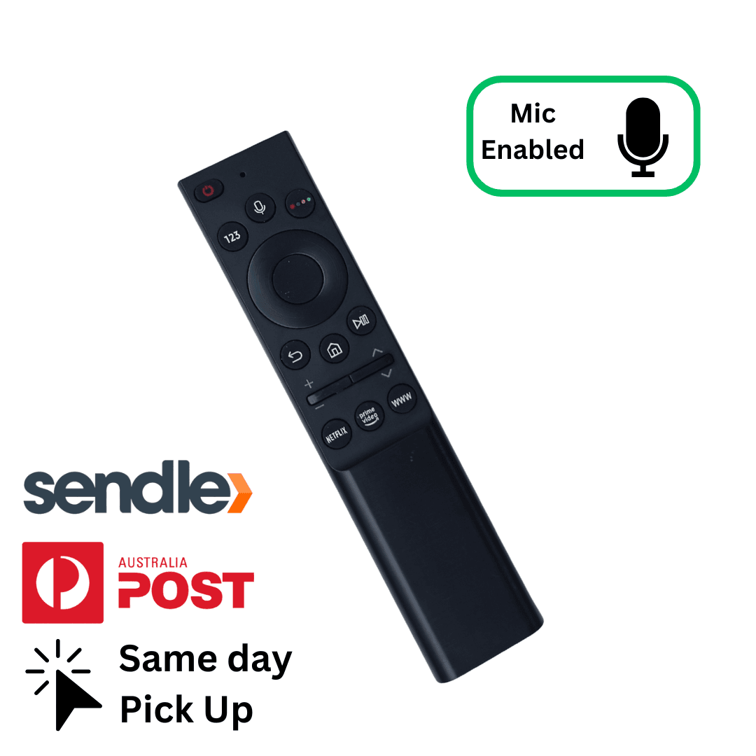 Samsung black TV remote control with mic-enabled button icon and full button keypad