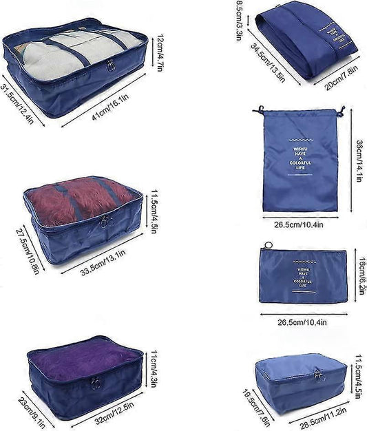 Blue packing cube set showing multiple sizes, including drawstring storage pouch