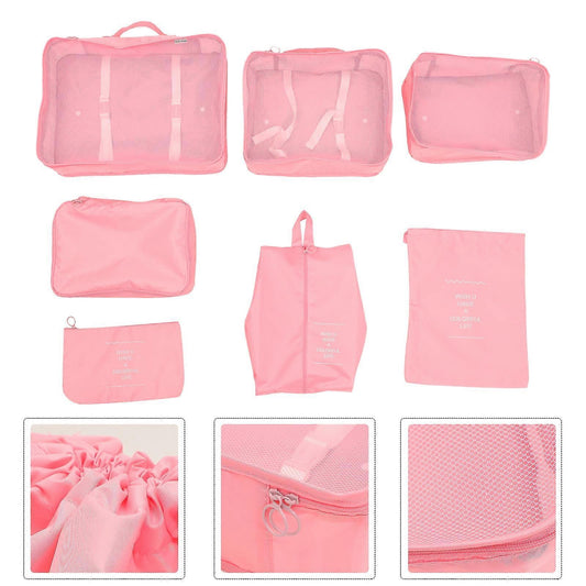 Pink mesh packing cubes set, 7 travel organizer bags with zippers and handles
