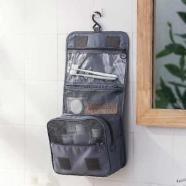 Hanging travel organizer bag with clear top panel and zippered storage compartments