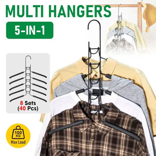 Multilayer coat hanger with black metal frame and foam-sleeved arms holding shirts.