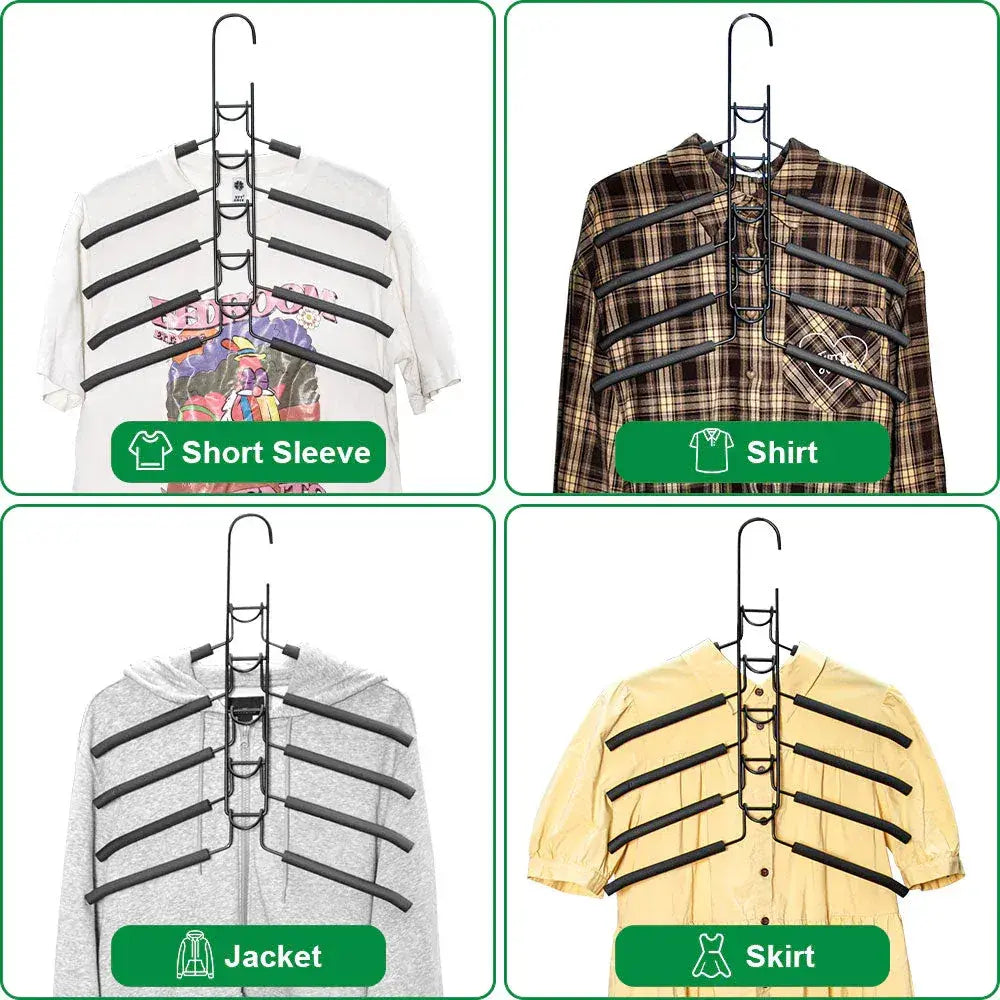 Multilayer coat hanger with foam-sleeved arms shown with short-sleeve, shirt, jacket, and skirt.
