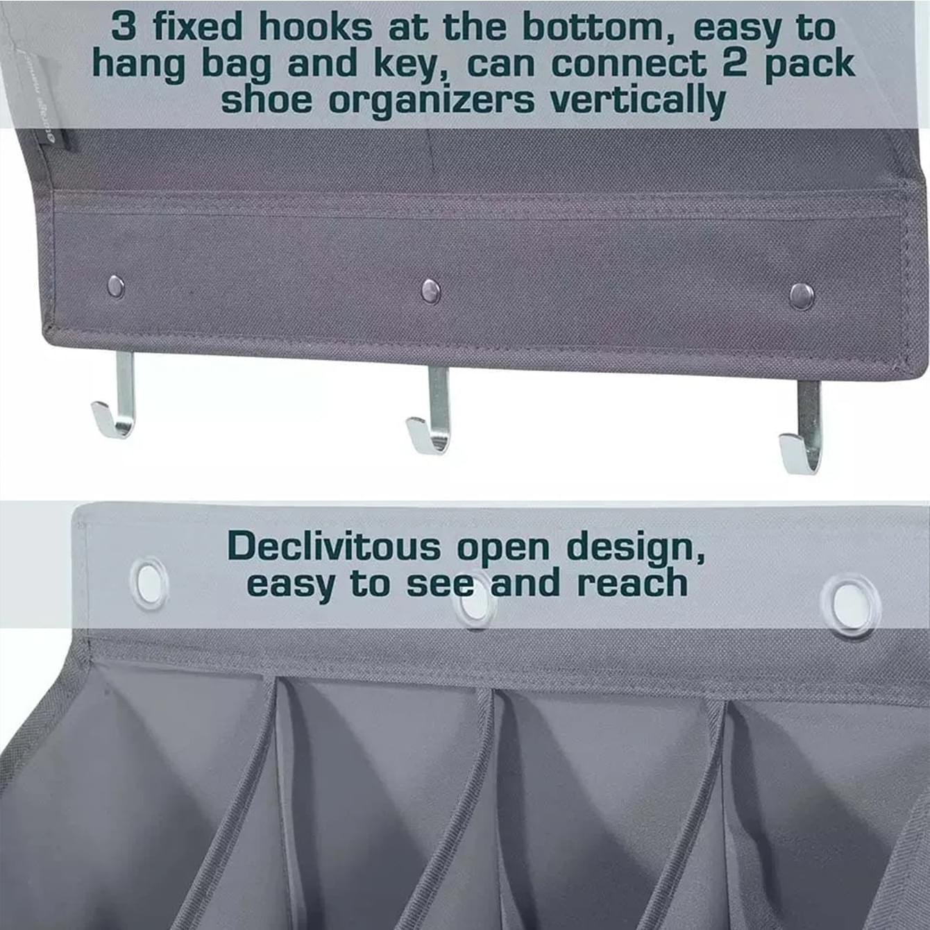 Grey hanging storage bag showing bottom hooks and open front compartments for access