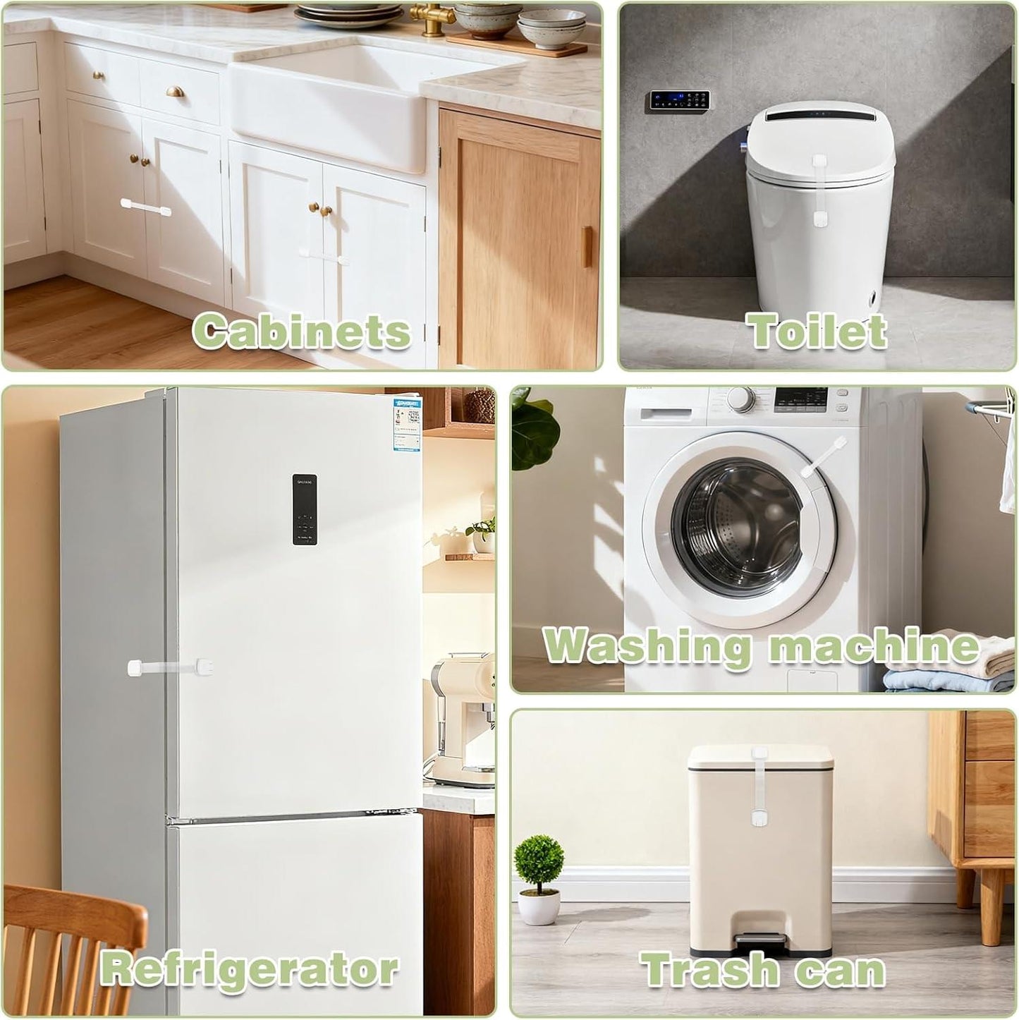 Child safety locks installed on cabinets, fridge, toilet, washing machine, and trash bin