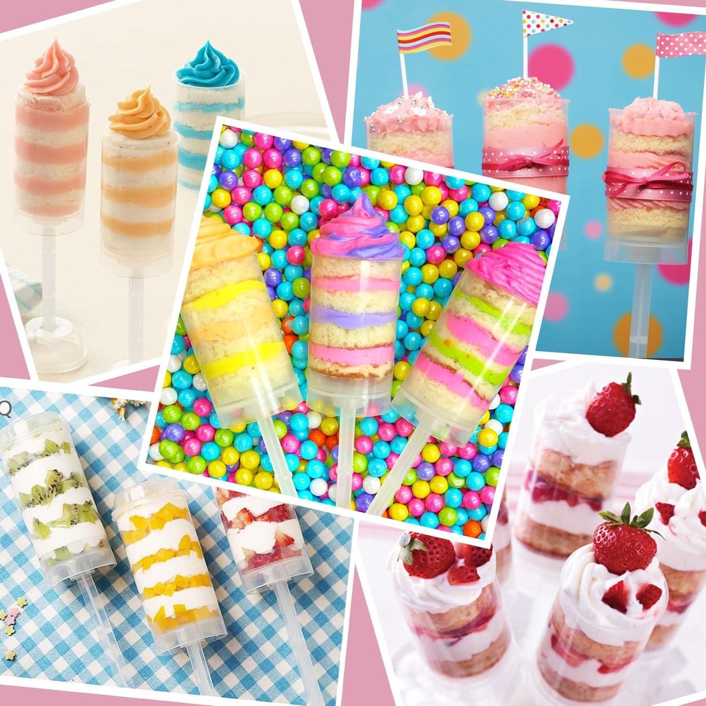 Clear plastic push-up cake pop shooters filled with colorful layered desserts and berries