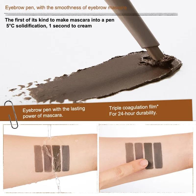 Eyebrow gel pen making a swatch on skin, showing lasting layered finish