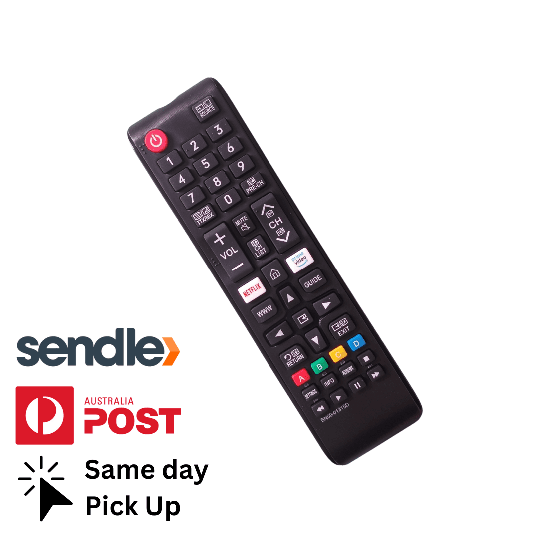 Black TV remote control with number pad, colored shortcut buttons, and power standby key