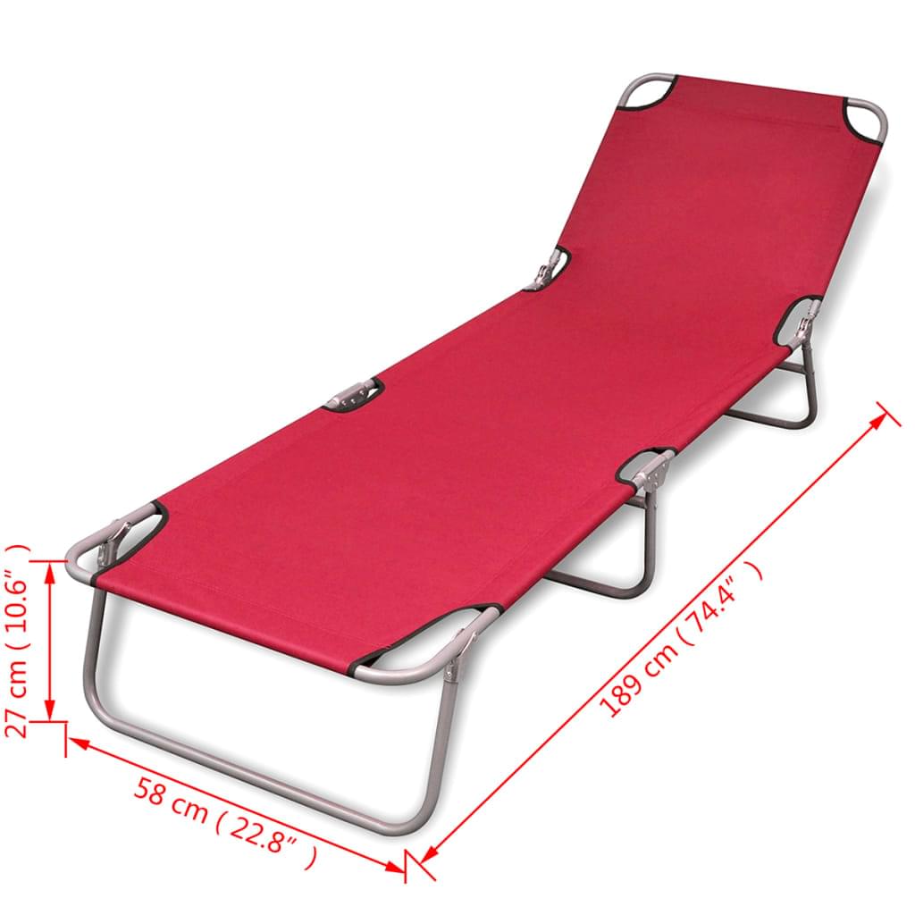 Red folding sun lounger with steel frame and printed size dimensions
