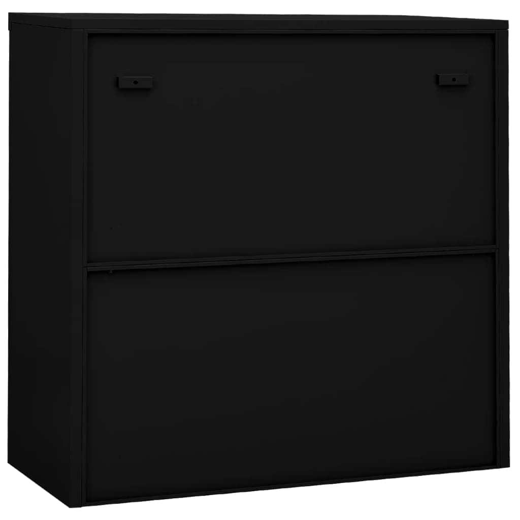 Black steel office cabinet front view with two doors and recessed pulls