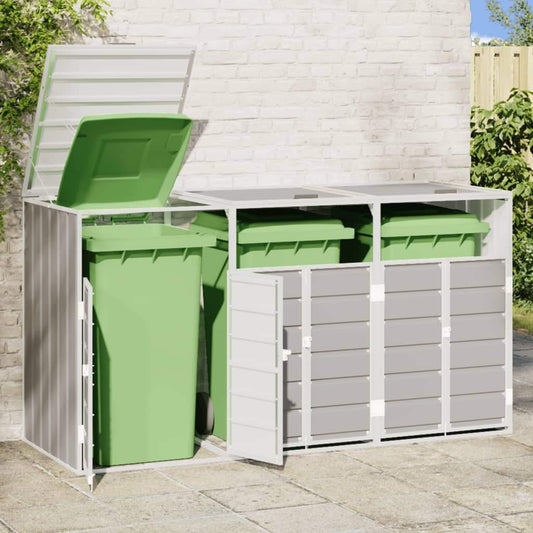 Grey steel triple wheelie bin storage with open front holding three green wheelie bins
