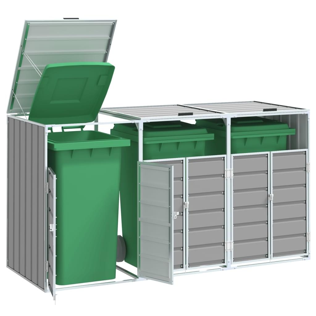 Grey steel triple wheelie bin storage with open lids and three green wheelie bins inside