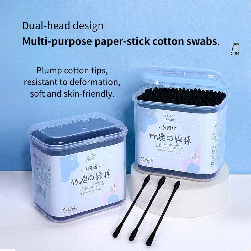 Black multi-purpose cotton swabs with dual-head design in two clear containers