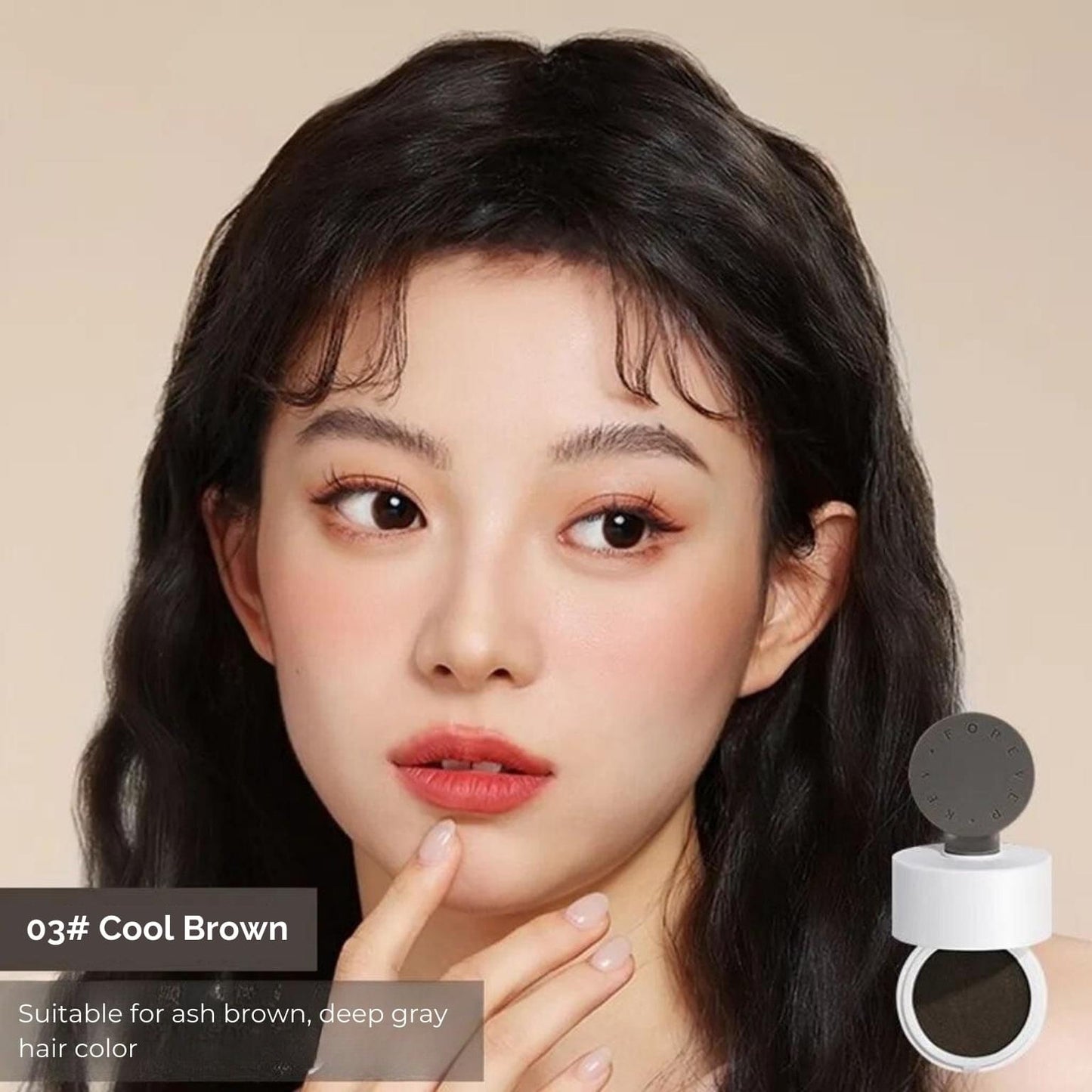 Magical hair shadow applicator in 03 Cool Brown shade next to model head