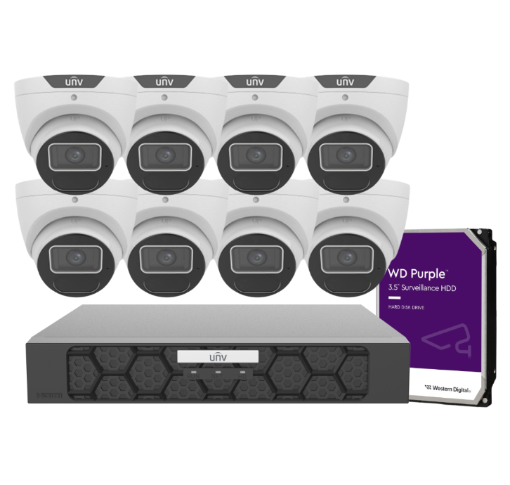 Uniview CCTV 8MP Kit – 8× IPC3618SS‑ADF28K‑I1 Turret Cameras + 8‑Channel Ultra265 PoE NVR(NVR501‑08B‑P8‑IQ), Includes HDD
