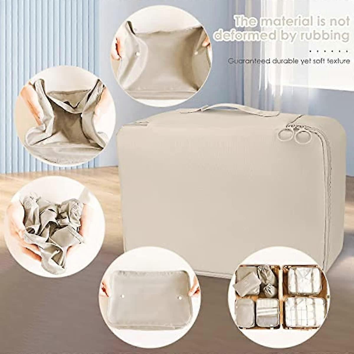 Cream packing cubes set of 8 with zipper compartments, showing fabric texture close-up