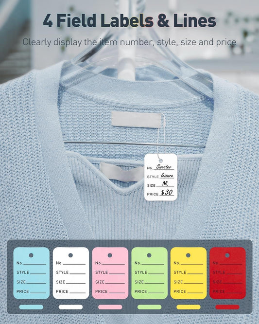 Clothing price tags on a light blue garment, showing blank STYLE, SIZE, and PRICE lines