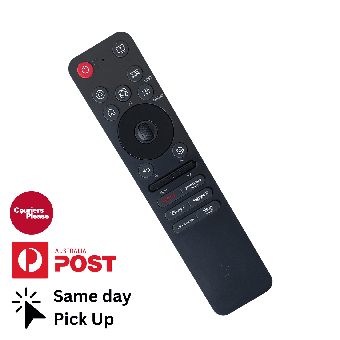 Black TV replacement remote with red power button, directional pad, and function keys