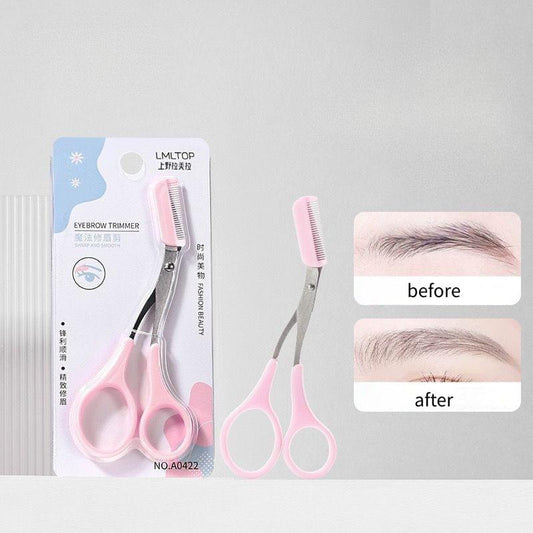 Eyebrow trimming scissors with detachable-style comb and pink handles, packaged