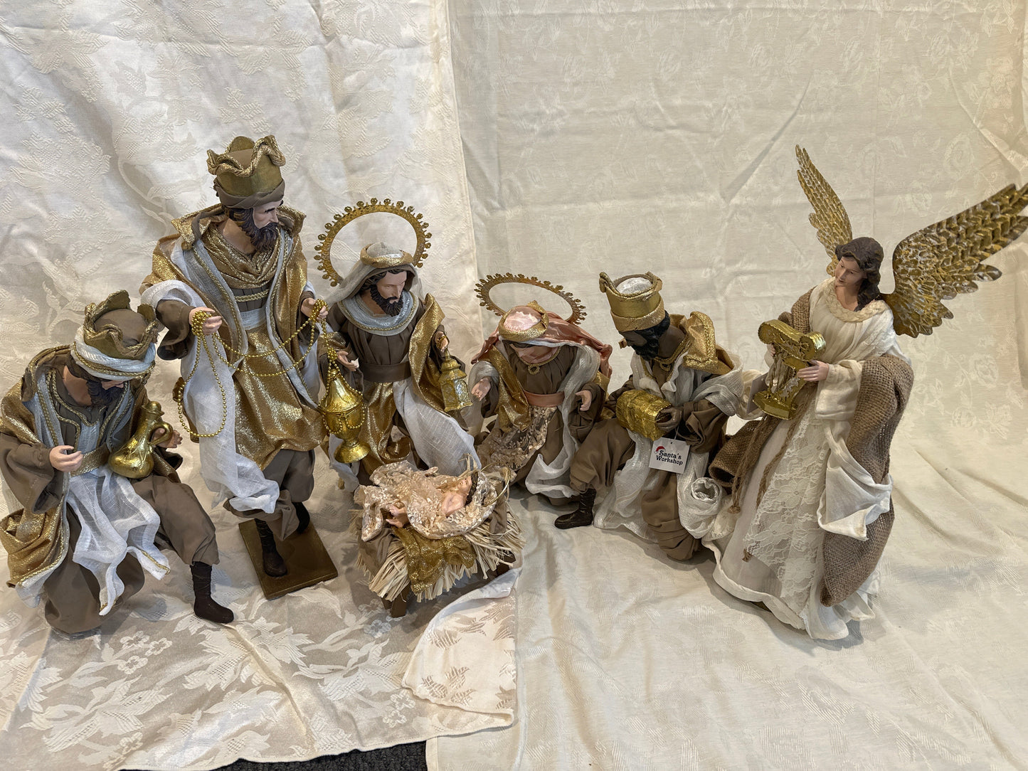 15.5" Christmas Religious Handmade Nativity Set - Holy Family (40 cm) & Three Wise Men (17.5", 45 cm) with Angel (17.25")