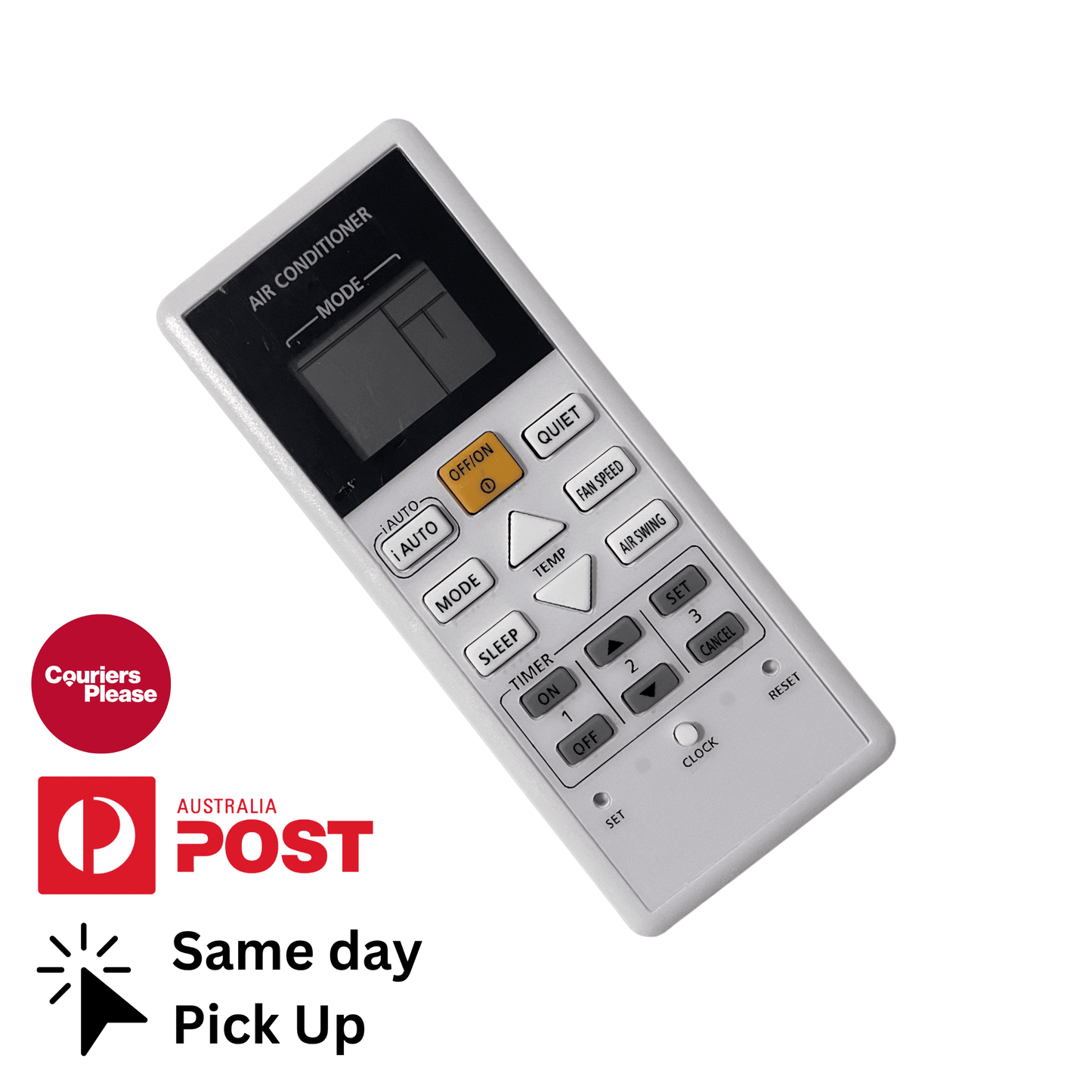 Light gray air conditioner remote control with LCD screen and numbered buttons