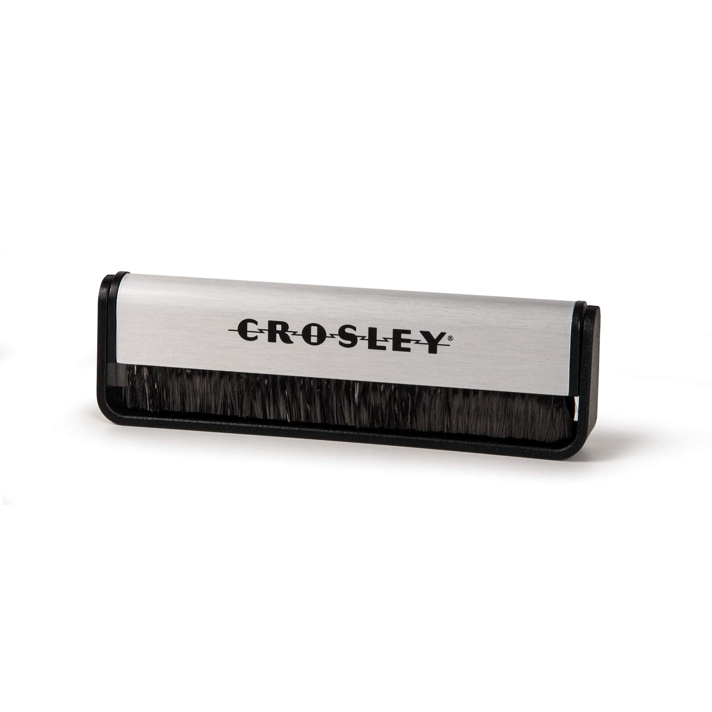 Record cleaning brush with dark bristles and silver top, Crosley logo