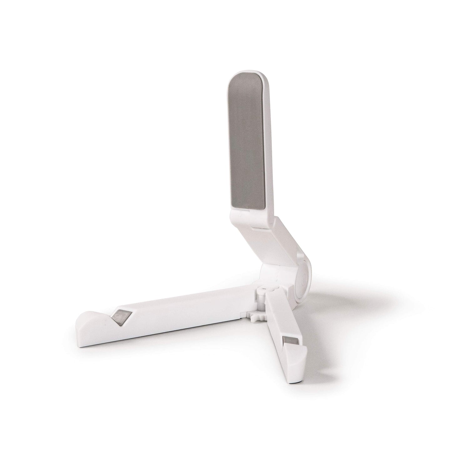 Record cleaning tool with white handle and velvet pad, fold-out brush arm