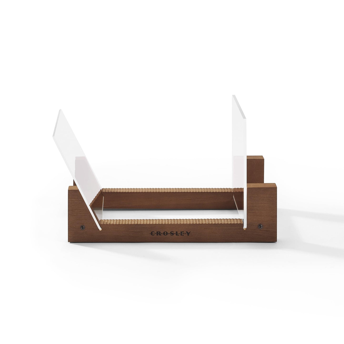 Crosley record storage display stand with open slots and brown wood base