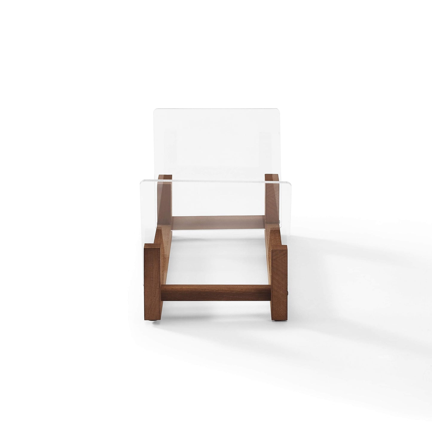 Wood record display stand with clear angled sides and open top for vinyl storage