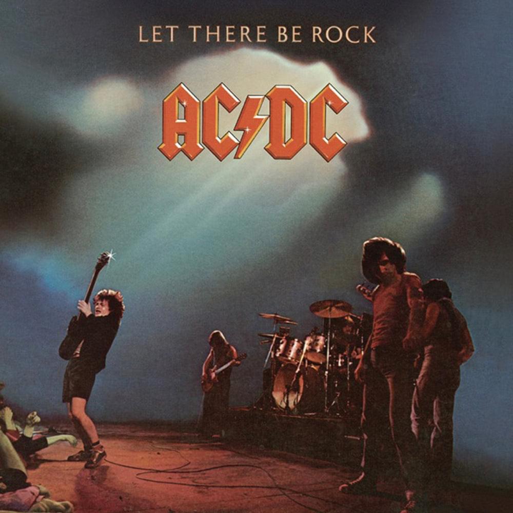 AC/DC Let There Be Rock vinyl album cover with band logo and live band