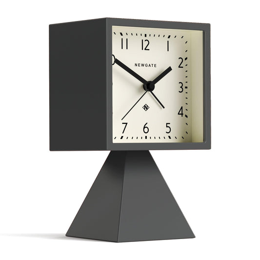 Newgate Brian alarm clock with dark square frame, cream dial, black hands, grey stand