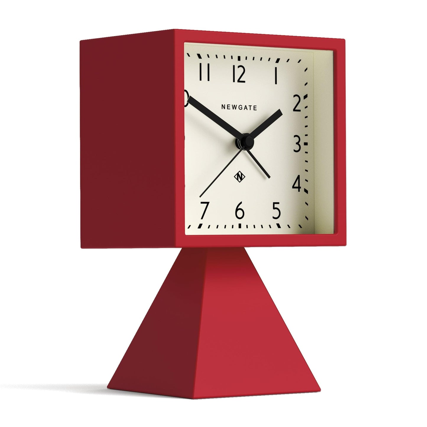 Fire engine red alarm clock with square face shown from an angle, red pedestal base