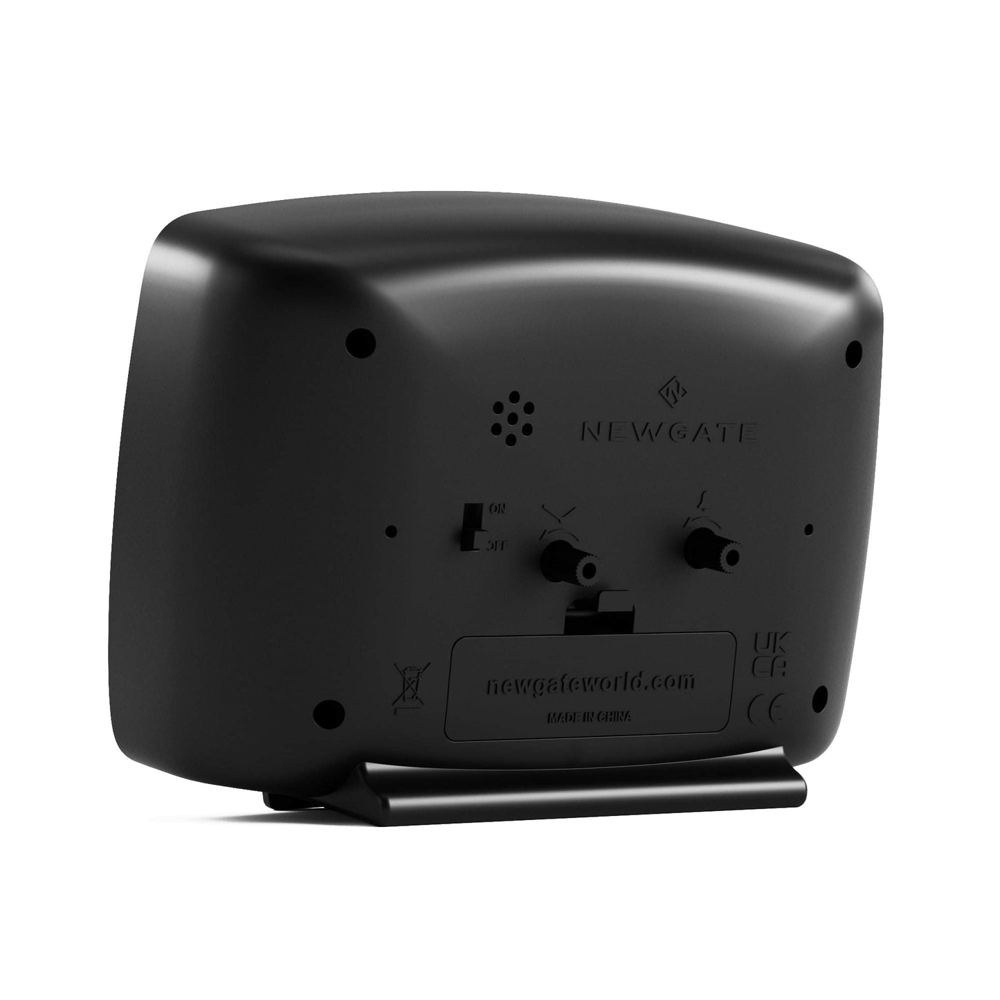Black alarm clock back view with speaker vents and battery/CE label panel