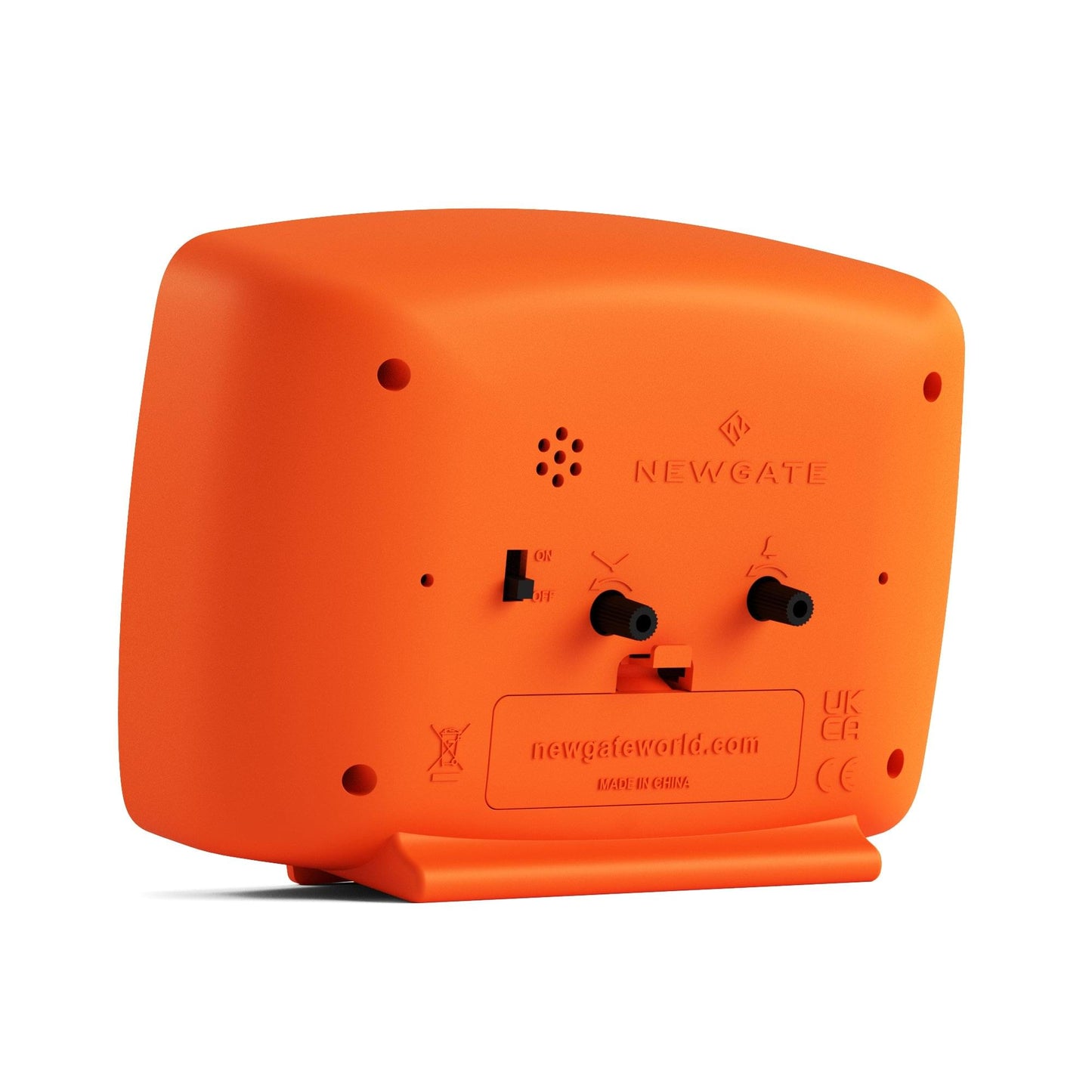 Orange Newgate alarm clock back panel with speaker holes and battery controls